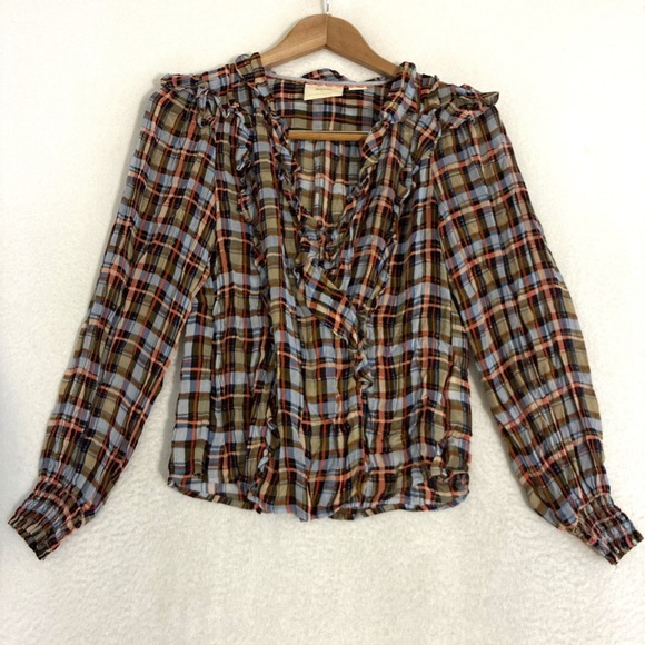 Maeve Tops - Maeve Anthropologie Laila Blouse Womens Size 2 Plaid Ruffle‎ Sheer Prairie Wrap